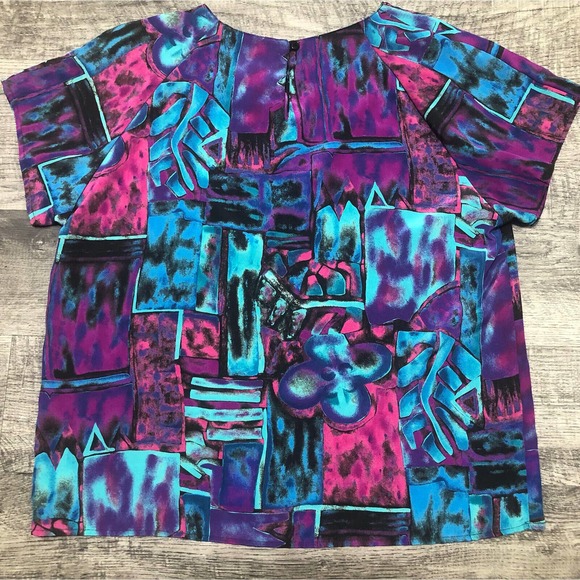 Vintage Impressions Womens Size L Blouse Chest 42” Short Sleeve Blue Purple A8 - Picture 5 of 5